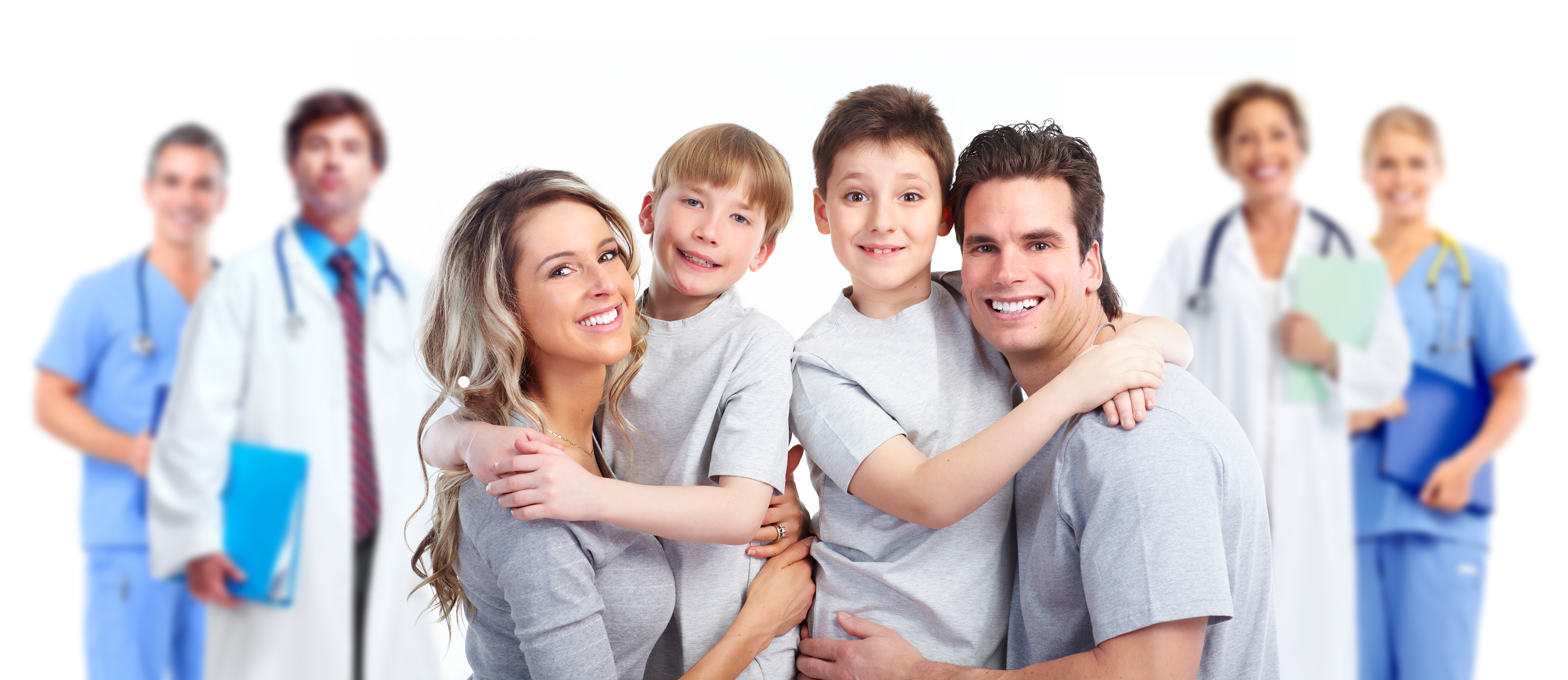 Medical doctor and happy family patient. Isolated on white background. Health care.